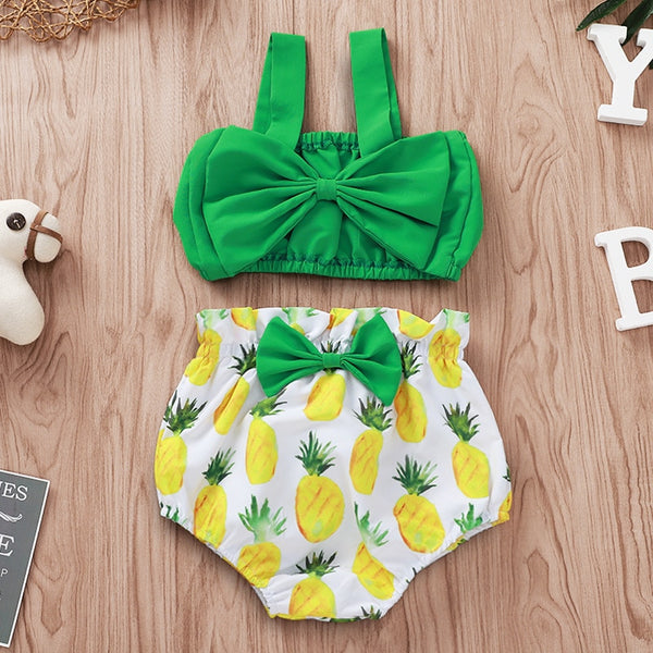 Green Bow Crop Top +Pineapple Baby Bottoms - The Childrens Firm