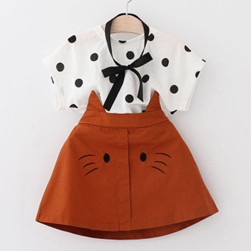 2T Girls Clothes 2019 Summer Toddler Girl Sets Kid Clothes Dot Short Sleeve Top + Cartoon Cat Skirt 2 Piece Set Girl Set Dress - The Childrens Firm