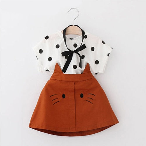 2T Girls Clothes 2019 Summer Toddler Girl Sets Kid Clothes Dot Short Sleeve Top + Cartoon Cat Skirt 2 Piece Set Girl Set Dress - The Childrens Firm