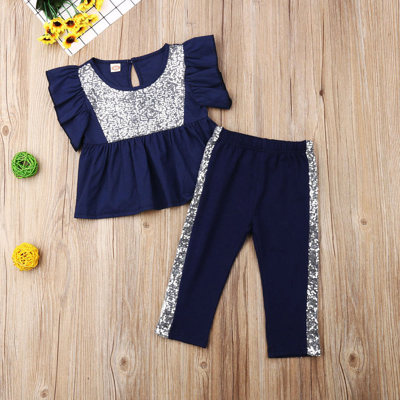 Navy Blue Sequin Peplum Top with Sequin Bottoms - The Childrens Firm