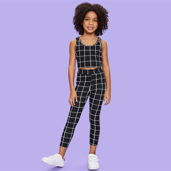 Black Scoop Neck Plaid Tank Top And Pants Matching Set - The Childrens Firm
