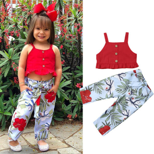 Red Buttoned up Crop Top+Flower Long Pants Summer Outfits Set - The Childrens Firm