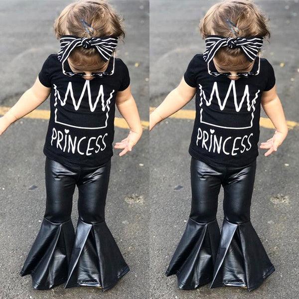 Black Faux Leather Princes Bell Bottom Set - The Childrens Firm