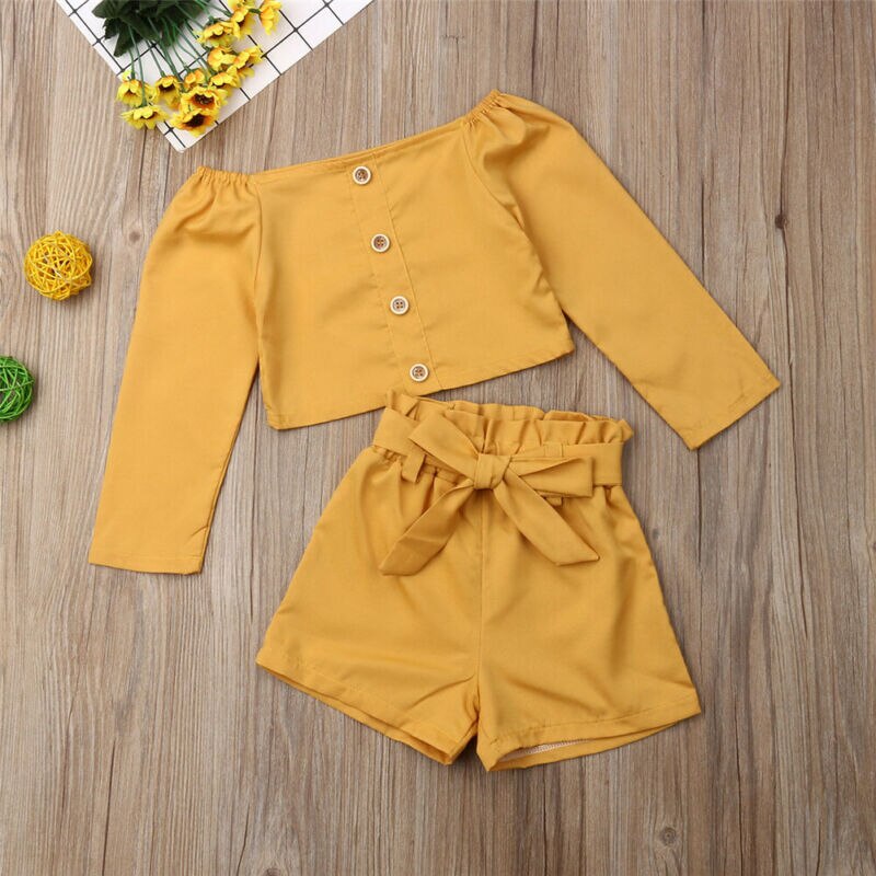 Yellow Off Shoulder 2 PCS Shorts Set - The Childrens Firm