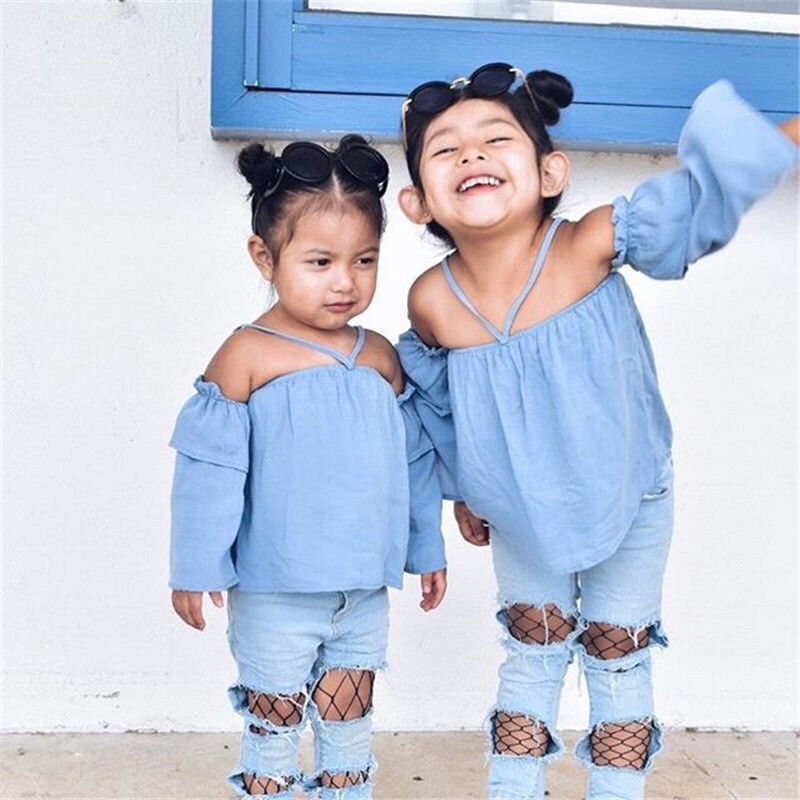 Off Shoulder Denim Blouse with Ripped Fishnet Jeans - The Childrens Firm