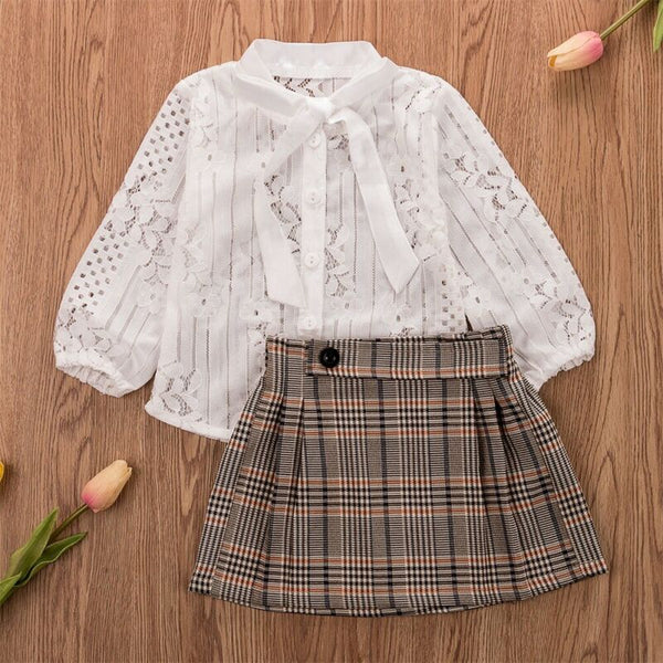 Lace Blouse With Plaid Skirt Set - The Childrens Firm