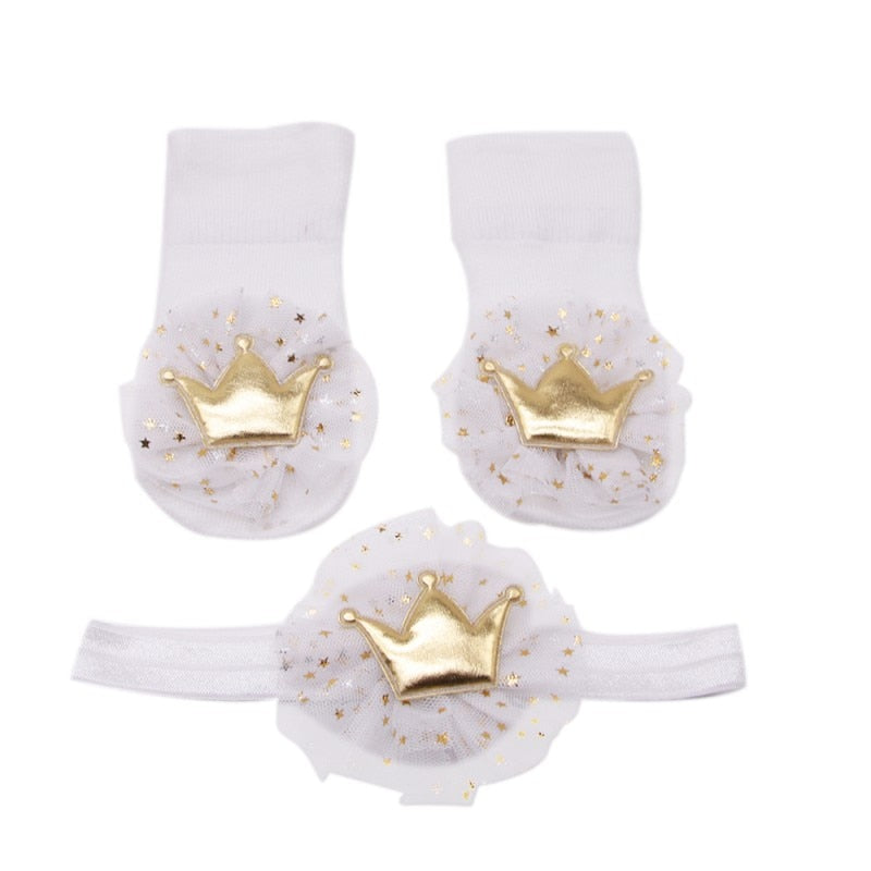 Crown  Baby Cute Lace Cotton Socks with Crown Hairband - The Childrens Firm