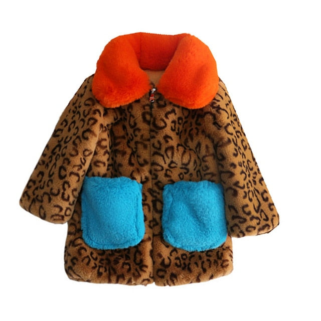 Color Blocking Collar Leopard Fur Coat