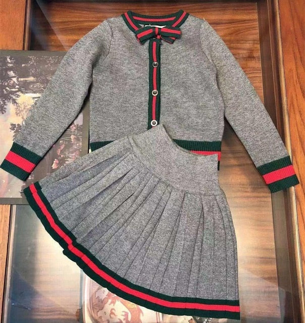 Red & Green Striped Knitted Skirt Set