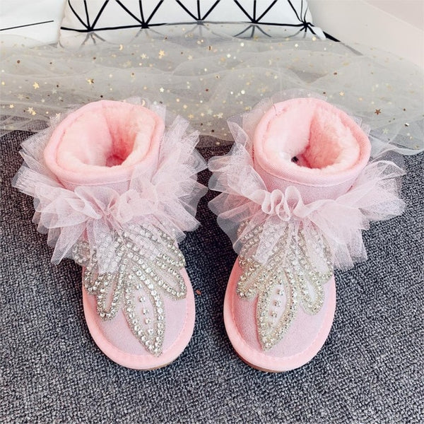 Pastel Pink Velvet Plush Rhinestone Boots