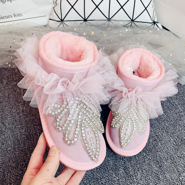 Pastel Pink Velvet Plush Rhinestone Boots