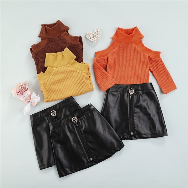 Fall Vibes Round Neck Leather Skirt Set