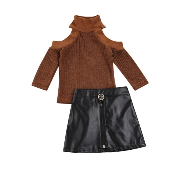 Fall Vibes Round Neck Leather Skirt Set