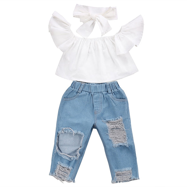 White Off shoulder top + Denim Jeans& Bow! - The Childrens Firm