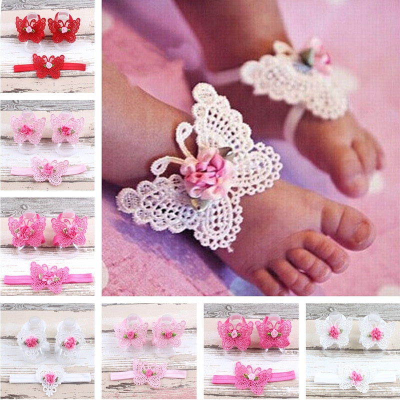 3PCS Flower Headband+ Baby Girls Barefoot Sandals - The Childrens Firm
