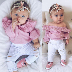 Baby Girl Striped Tops Romper Ripped Pants Outfit Set - The Childrens Firm