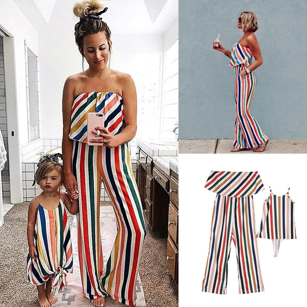 Summer Striped Mother and Daughter Clothes Mom Off-shoulder Ruffle Long Jumpsuit - The Childrens Firm