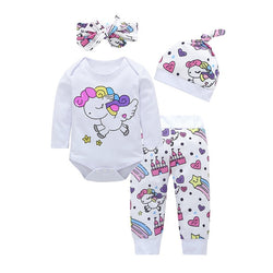 Baby Girl Unicorn Tops+Pants+Hat+Headband 4PCS Set - The Childrens Firm
