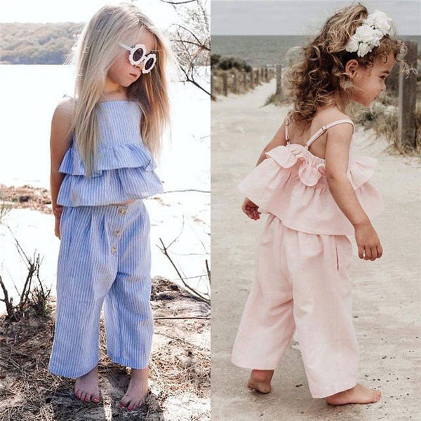 Sleeveless Strap Ruffle Vest Top +  Wide Leg Pants with Headband - The Childrens Firm