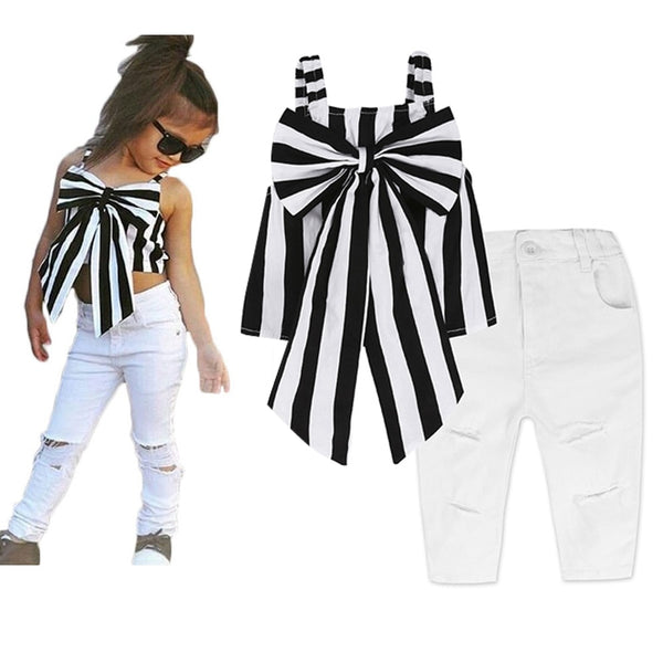 Black & White Bow Top + Pants Outfit - The Childrens Firm