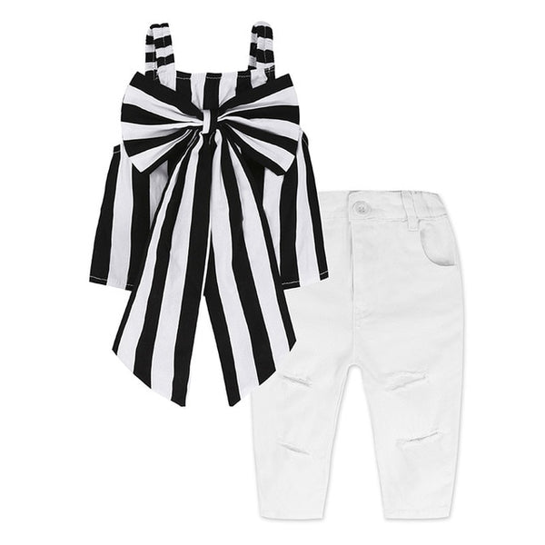 Black & White Bow Top + Pants Outfit - The Childrens Firm