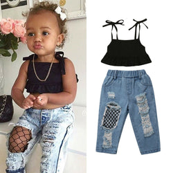 Baby Girl Strap Vest Top + Fishnet Ripped Jeans - The Childrens Firm