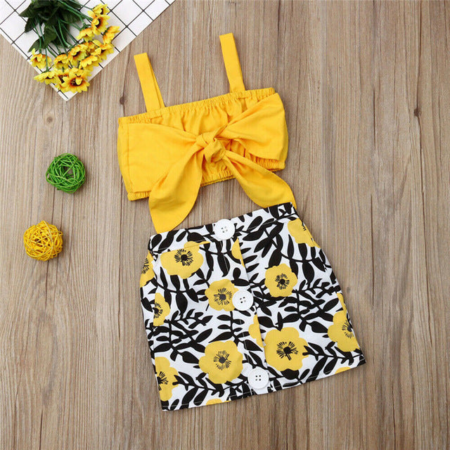 Flora printedl Yellow Crop Top with Skirt - The Childrens Firm