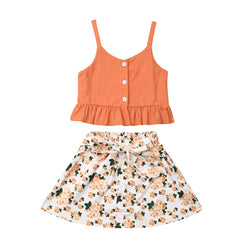 Ruffle Button Straps Vest +Floral Bandage Skirt Set - The Childrens Firm