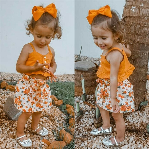 Ruffle Button Straps Vest +Floral Bandage Skirt Set - The Childrens Firm