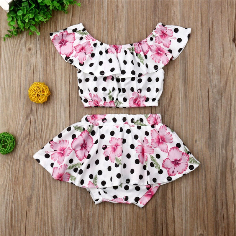 Floral Polka Dot Crop Top With Ruffled Skirt - The Childrens Firm